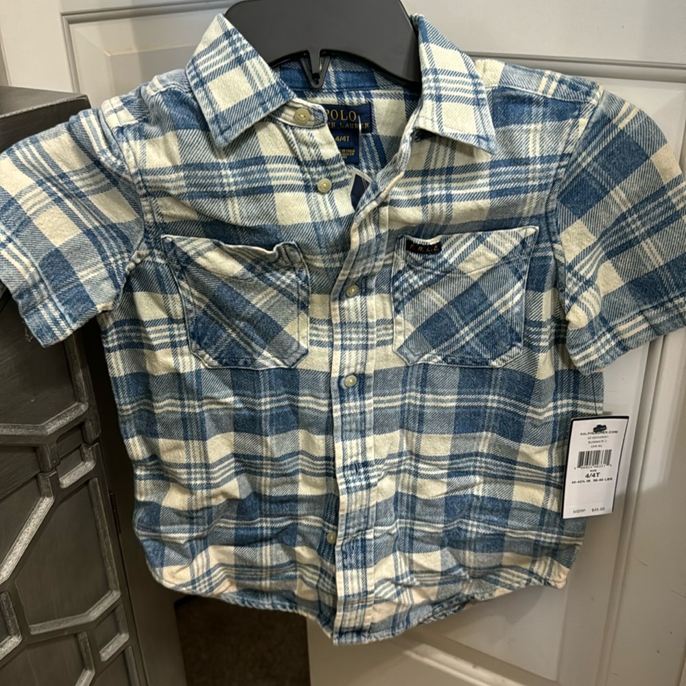 Boys Polo Ralph Lauren short sleeve shirt. Blue and white in color, size 4. NWT.